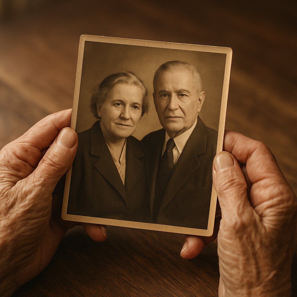 Elderly hands holding old family photographs spread across a wooden table